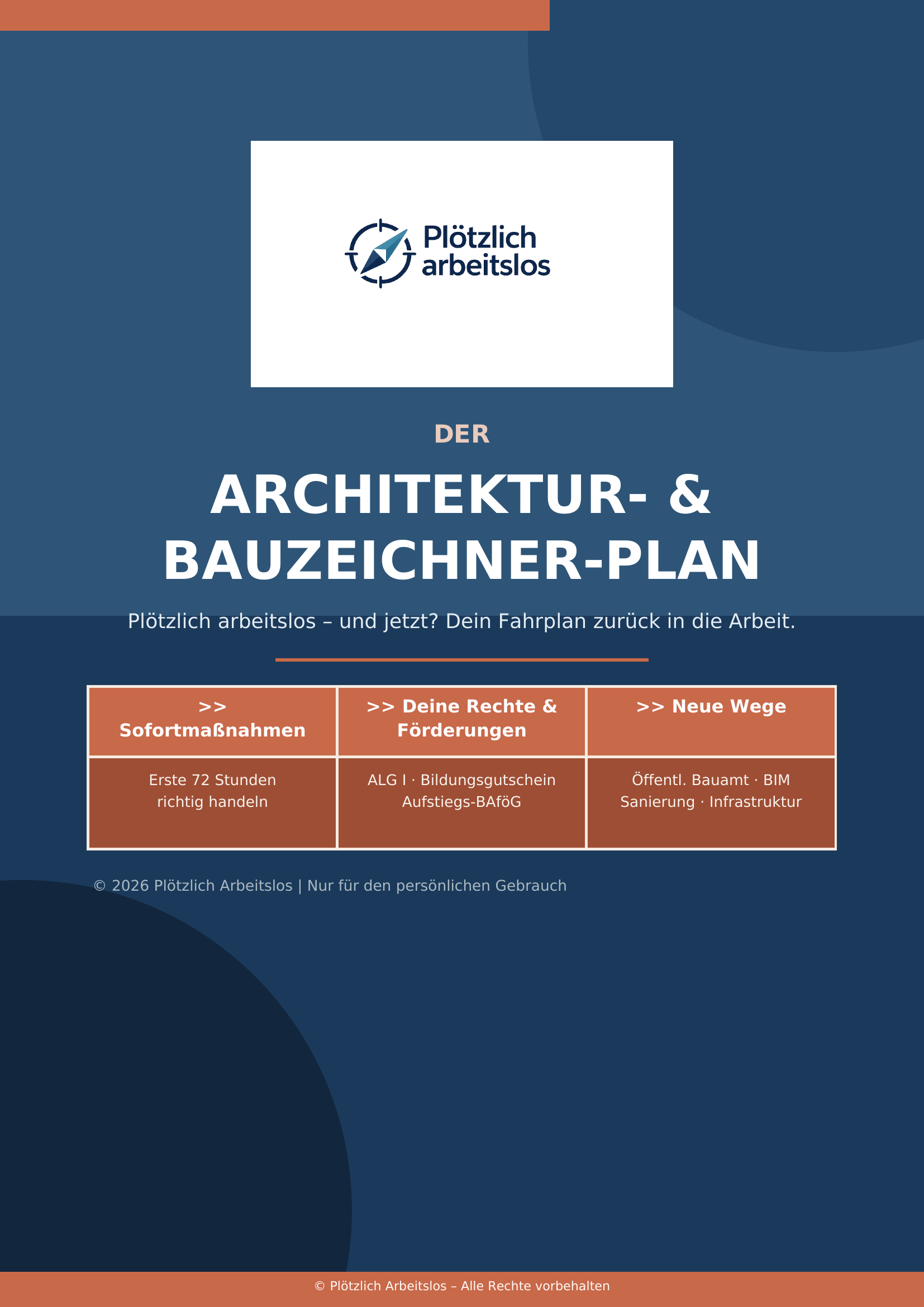 Cover des Leitfadens Plötzlich arbeitslos als Architekt oder Bauzeichner – Dein 30-Tage-Notfallplan