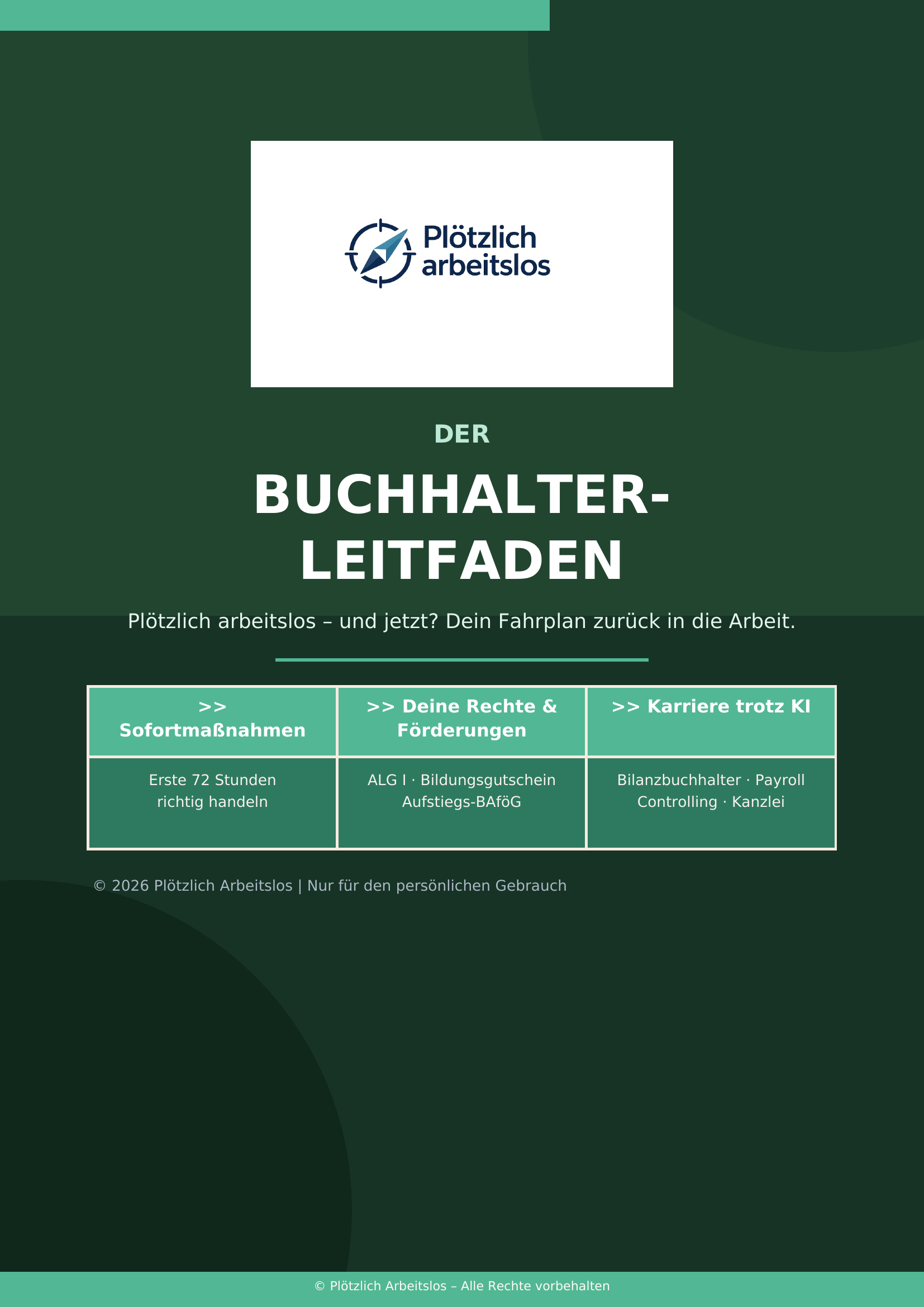 Cover des Buchhalter-Leitfadens: Plötzlich arbeitslos als Buchhalter – Dein 30-Tage-Notfallplan (E-Book PDF)