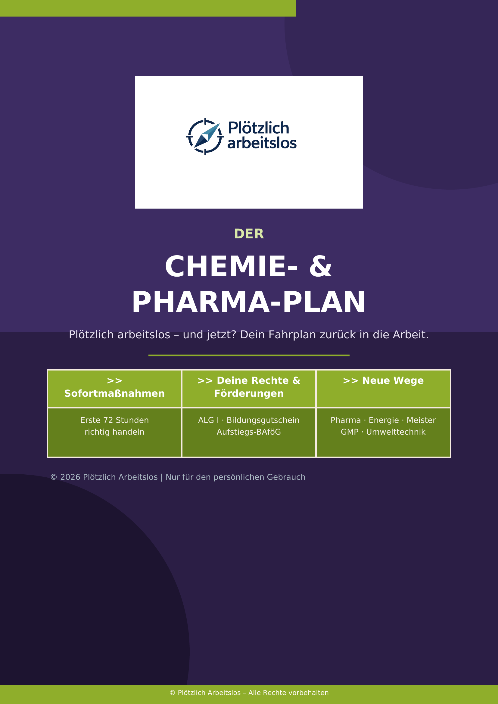 Cover des Leitfadens Plötzlich arbeitslos in der Chemieindustrie – Dein 30-Tage-Notfallplan