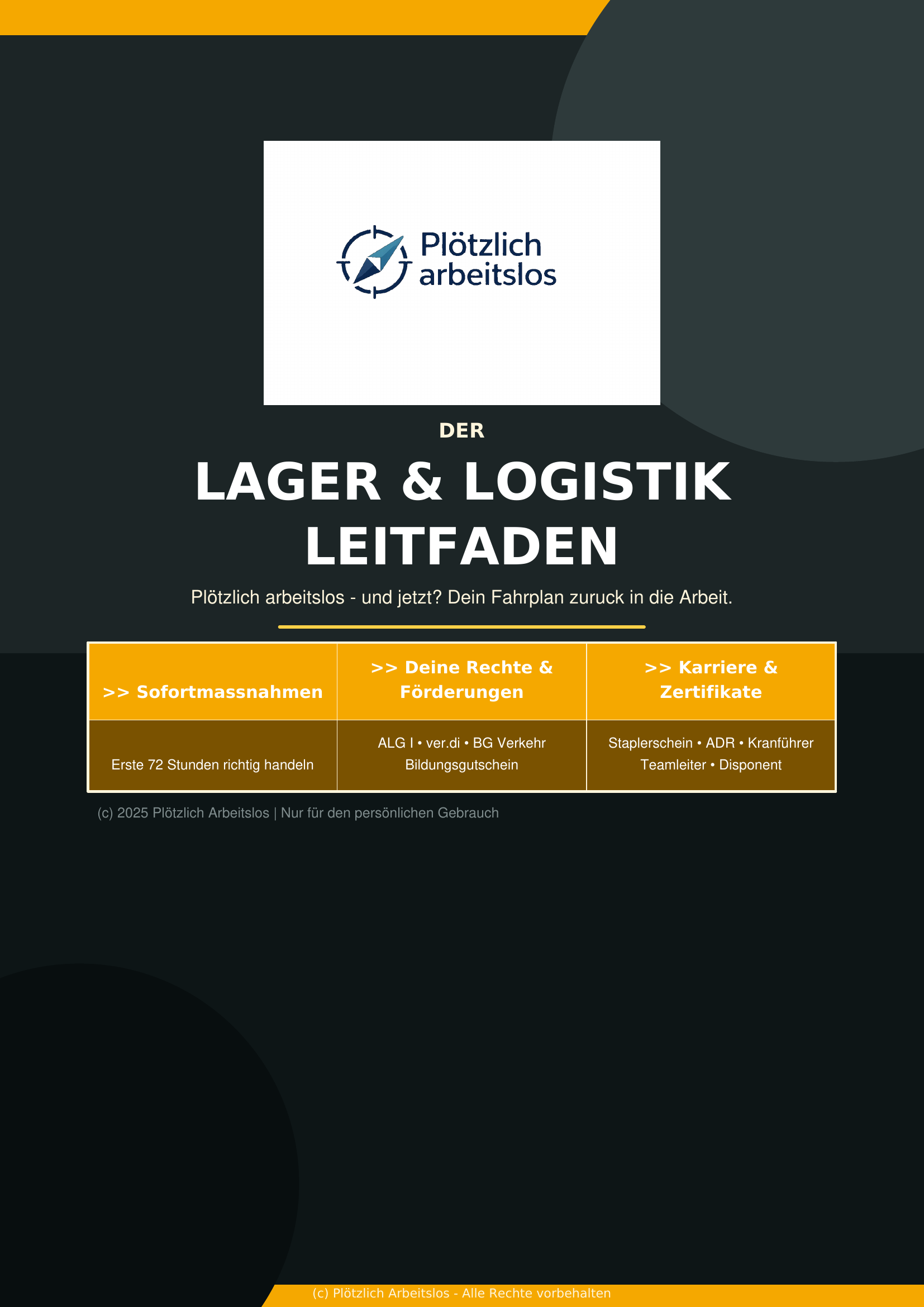 Cover des Lager-und-Logistik-Leitfadens – Plötzlich arbeitslos als Lagerist/Staplerfahrer: Dein 30-Tage-Notfallplan