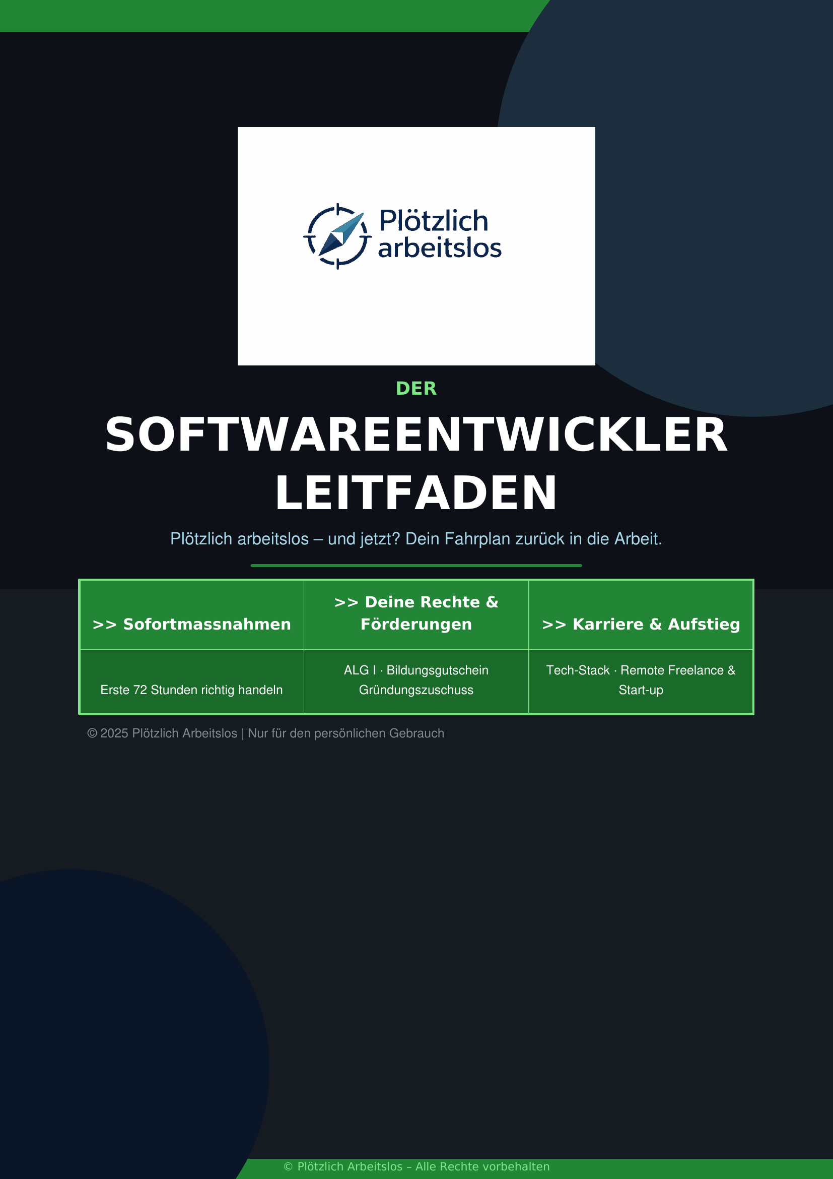 Cover des Softwareentwickler-Leitfadens – Plötzlich arbeitslos als Softwareentwickler: Dein 30-Tage-Notfallplan