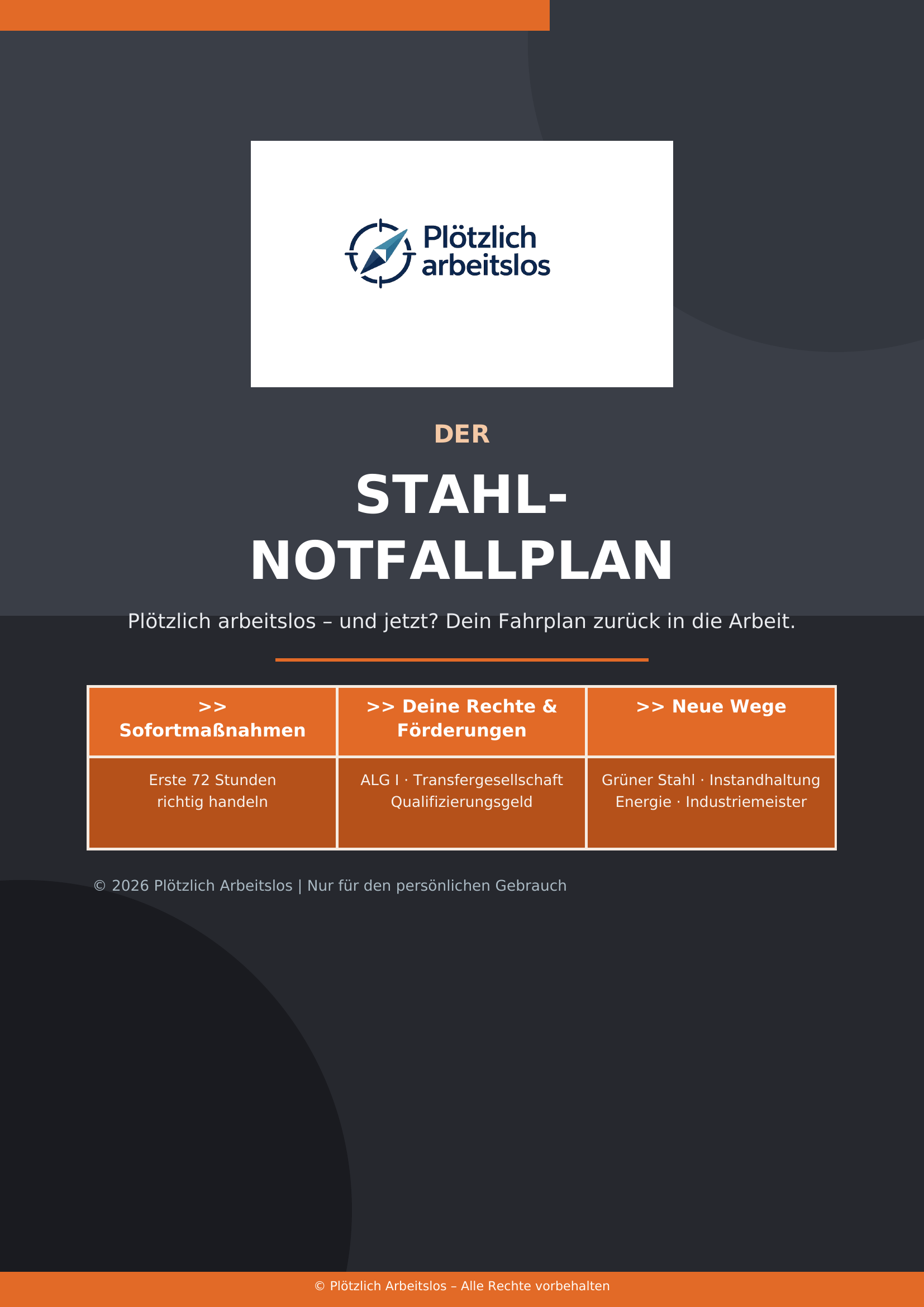Cover des Leitfadens Plötzlich arbeitslos in der Stahlindustrie – Dein 30-Tage-Notfallplan